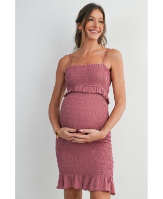Maternity Smocked Spaghetti Strap Dress with Ruffle Hem
