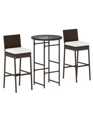 Set of 3 Outdoor Bar Set Patio Rattan Bar Height Table & Chairs w/ Glass Tabletop Mix Brown