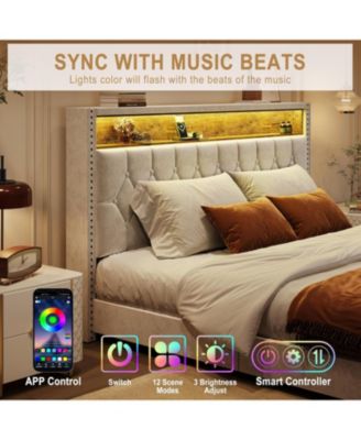 Queen Size Floating Bed Frame with LED Lights, Velvet Upholstered Platform, Storage Headboard, No Box Spring Needed