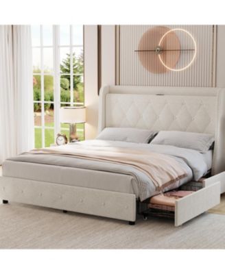 Full Bed Frame, Linen Upholstered Bed Frame with 4 Storage Drawers, Charging Station, Metal Platform with Button Tufted Wingback Headboard