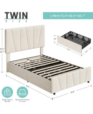 Twin Velvet Upholstered Tufted Storage Bed Frame with Adjustable Headboard and 2 Drawers