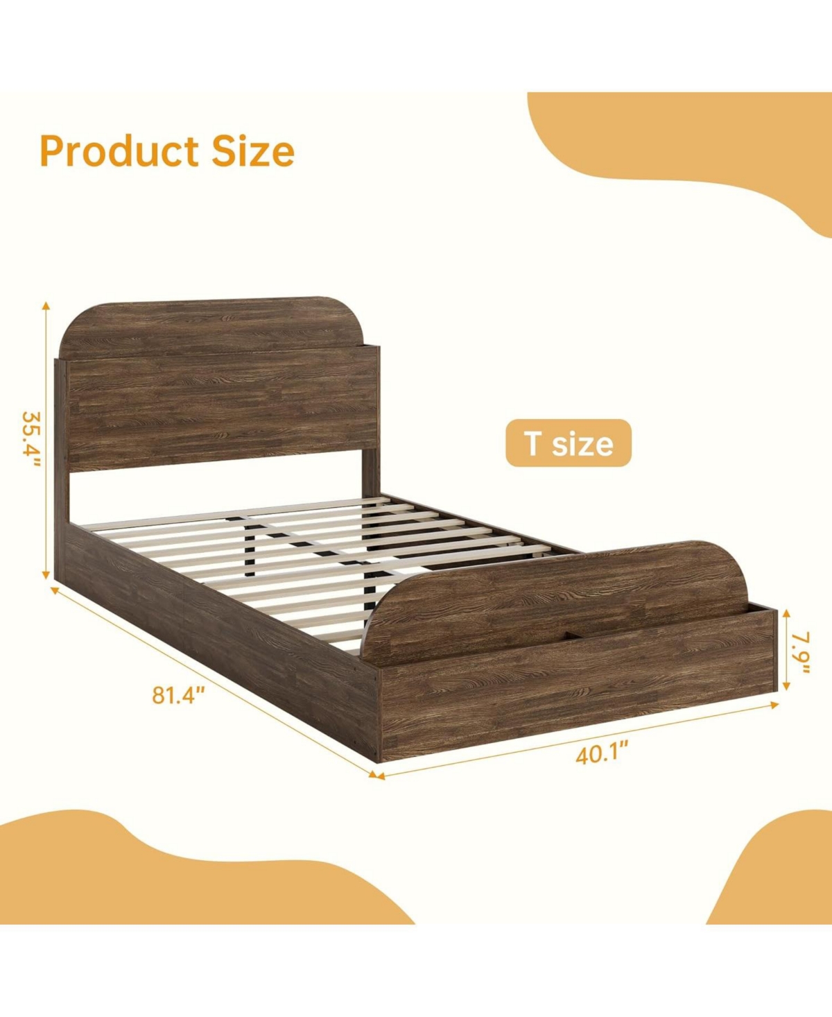gaomon Twin Bed Frame, Wooden Beds with Storage Headboard and Raised-Foodboard, Twin-Floor Low Platform Bed for Bedroom, Sturdy Wooden Slats Support