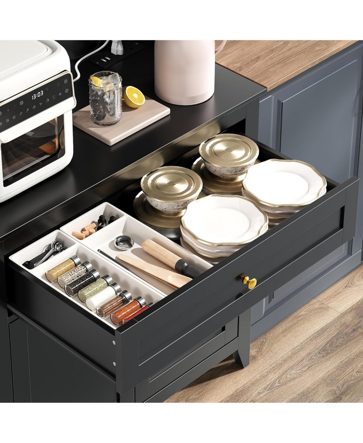gaomon 63" Pantry Cabinet, Kitchen Storage with Charging Station, Coffee Bar Table with Drawer