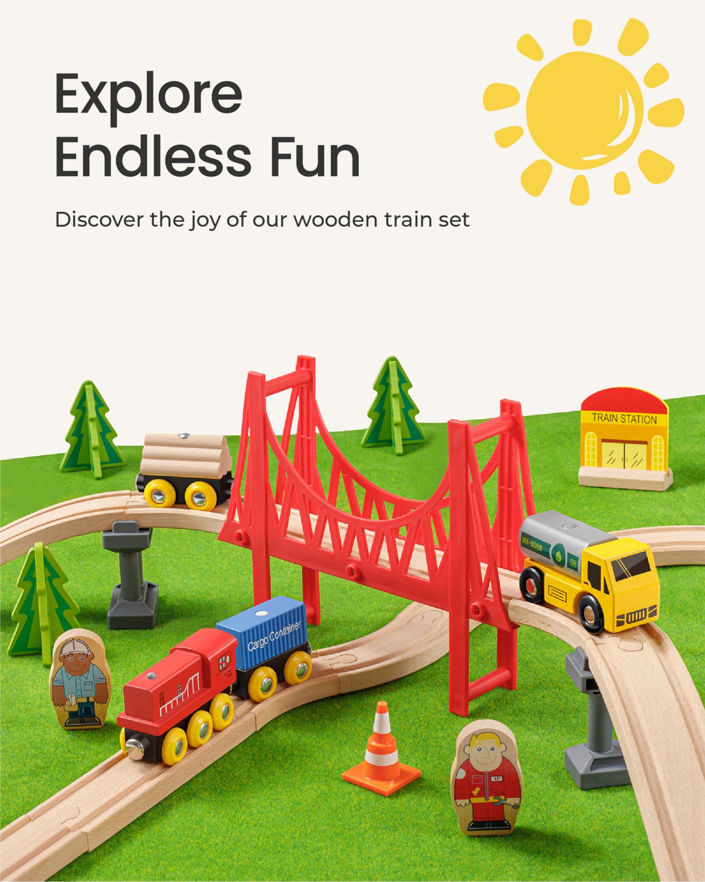Детские игрушки Tiny Land Working Crane 55-Piece Wooden Track Trains Set — фото 2