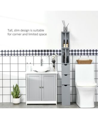 Narrow Side Bathroom Storage Cabinet, 54" Tall Freestanding Linen Tower with 2-Tier Shelf and Drawers for Small Spaces