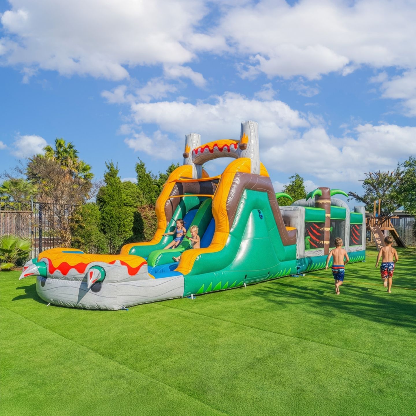 Детская игрушка HeroKiddo T-Rex Adventure 42"L x 8"W x 13"H Commercial Grade PVC Vinyl with Water Slide Inflatable Obstacle Course, Ages 3+ — фото 4