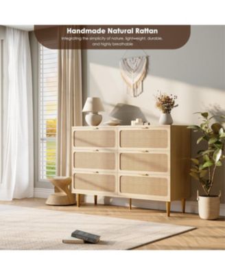 Rattan 6 Drawer Dresser, Large Double Wooden Chest with Deep Drawers for Living Room