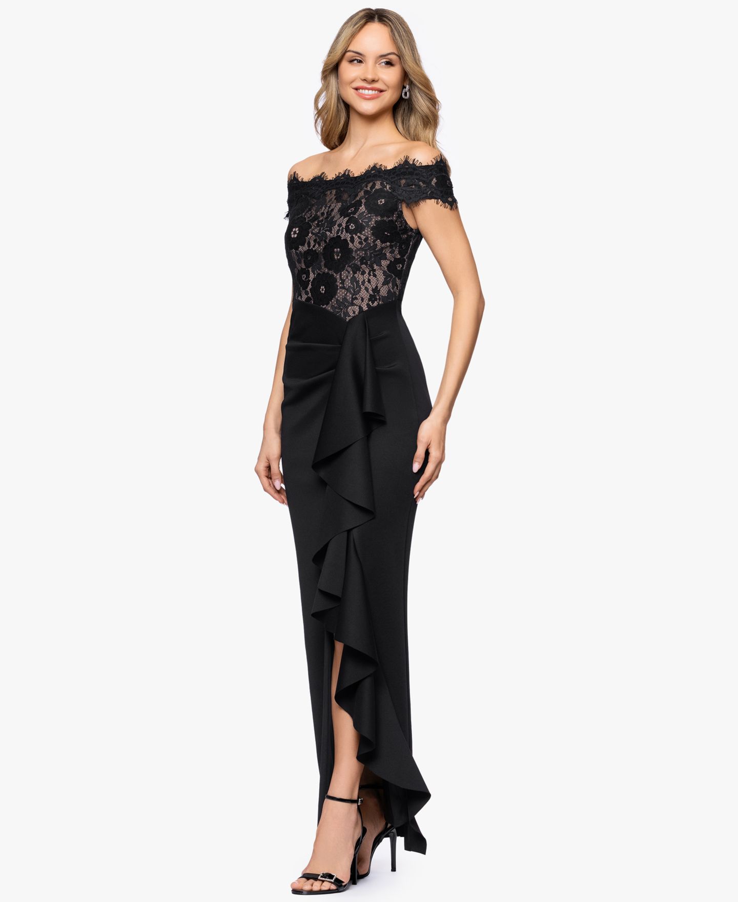 Женские платья Betsy & Adam Off-The-Shoulder Maxi Gown, цвет: Чёрный телесный — фото 2