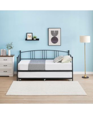 Twin Metal Daybed with Trundle, Pullout Trundle Bed Frame with Arched Headboard, Guest Sofa Bed with Steel Slat Support, No Box Spring Required