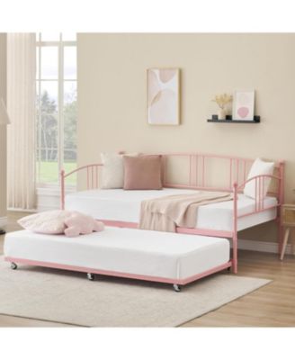 Twin Metal Daybed with Trundle, Pullout Trundle Bed Frame with Arched Headboard, Guest Sofa Bed with Steel Slat Support, No Box Spring Required