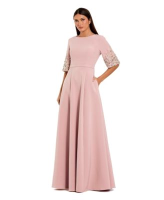 Women's 3/4 Sleeve Crepe Gown With Sleeve Embellishments
