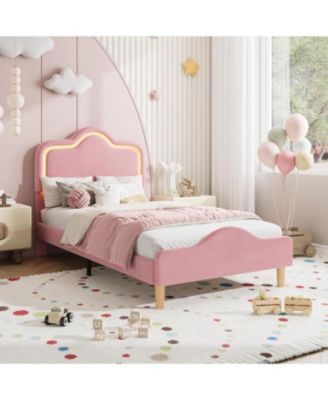 Twin Size Upholstered LED Bed Frame with Adjustable Headboard and Footboard, Velvet Princess Platform Bedframe for Kids/Girls, Easy Assembly