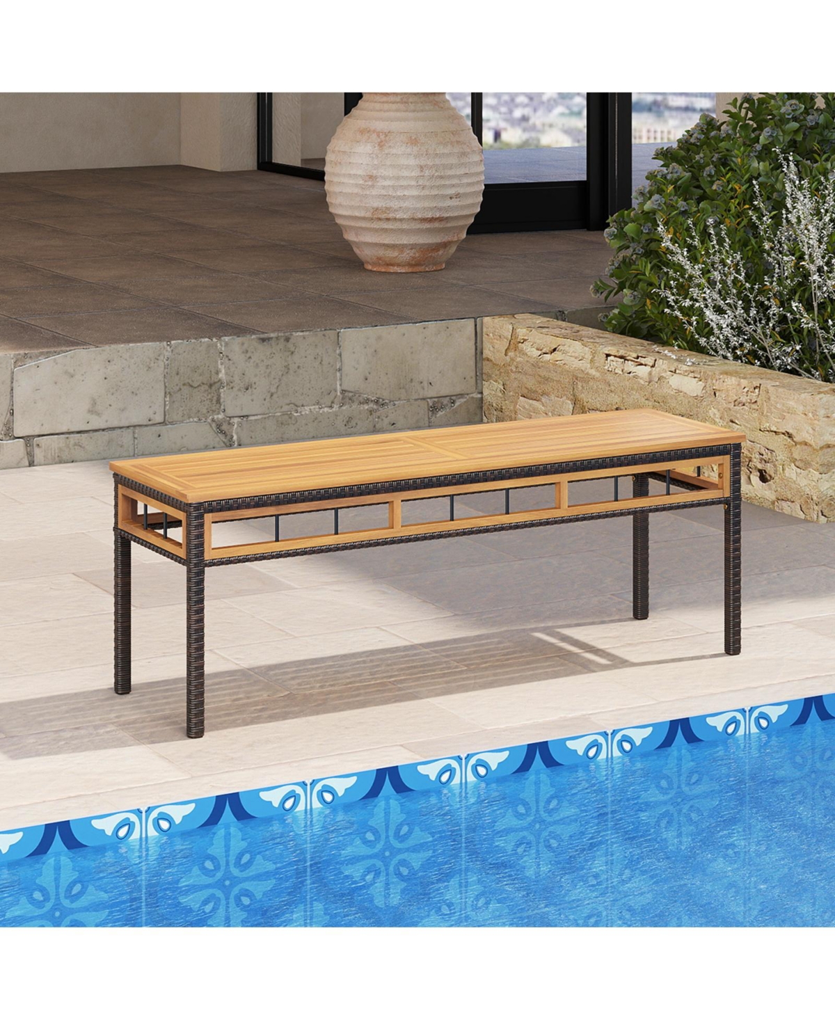 Gymax 48'' Wicker Patio Bench w/Acacia Wood Seat Removable Padded Cushion for Garden Outdoor