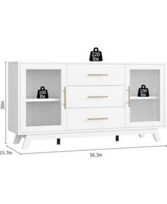 Modern Farmhouse Buffet Storage Cabinet with Glass Door, 56" Large Sideboard Cabinet with Door/3 Drawers/Adjustable Shelf, Wood Coffee