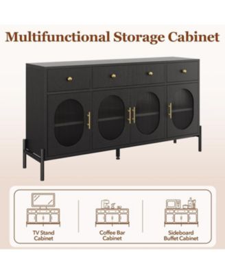 Buffet Cabinet with Storage, 62" Large Sideboard, Wooden Cabinet With 3 Drawers and 4 Fluted Glass Doors, Coffee Bar Table for Kitchen