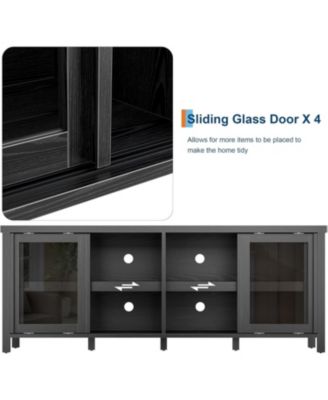 65 Inch TV Stand, Black Modern Entertainment Center with 4 Sliding Glass Doors & Storage Cabinets for Living Room Bedroom