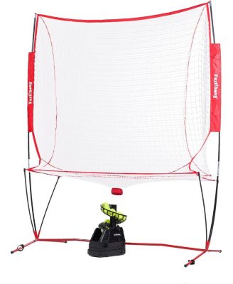 training machine net combo offers continuous tennis/baseball practice with auto ball recycling; AC or battery powered