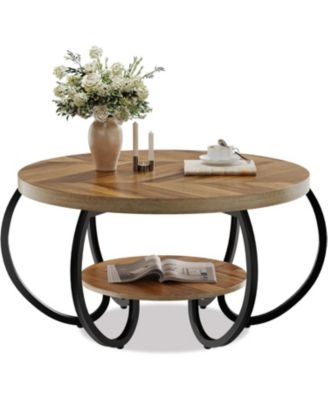 Round Coffee Table 30" Center Table, 2-Tier Coffee Table Industrial Tables with Adjustable Feet, Living Room Tables with Storage Shelf