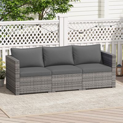 Set of 3 Patio Sectional Sofa Set PE Rattan Modular Couch Furniture Set w/Cushions