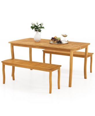 3 Pieces Outdoor Dining Set for 4 People Patio Acacia Wood Table & Bench Set