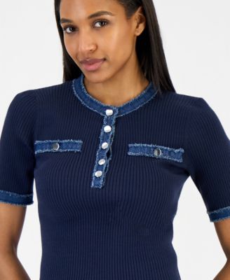 Women's Denim-Trim Ribbed Short-Sleeve Top