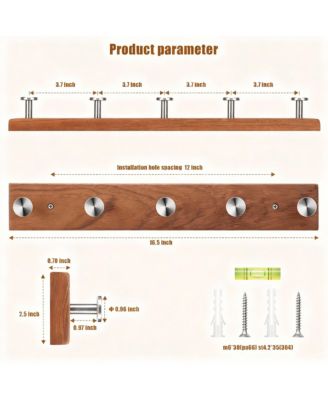 Teak Wood 5-Hook Wall Rack, Stainless Steel Hooks, 6kg Load, Easy Install