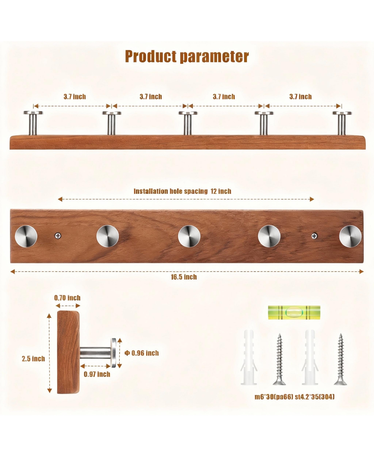 Yigii Teak Wood 5-Hook Wall Rack, Stainless Steel Hooks, 6kg Load, Easy Install