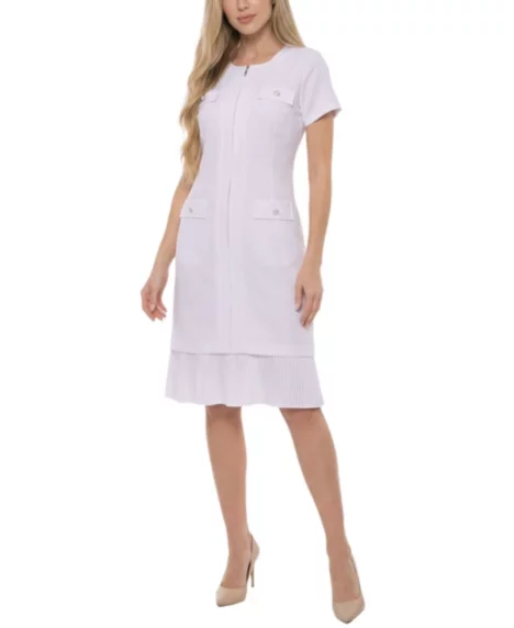 Petite Short-Sleeve Pleat Hem Dress - White