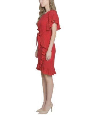 Petite Short-Sleeve Pleated Ruffle Dress