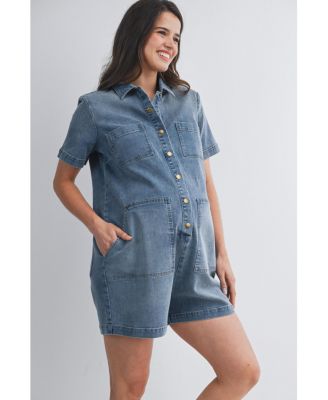 Maternity Nursing-Friendly Button Down Collared Short Sleeve Romper