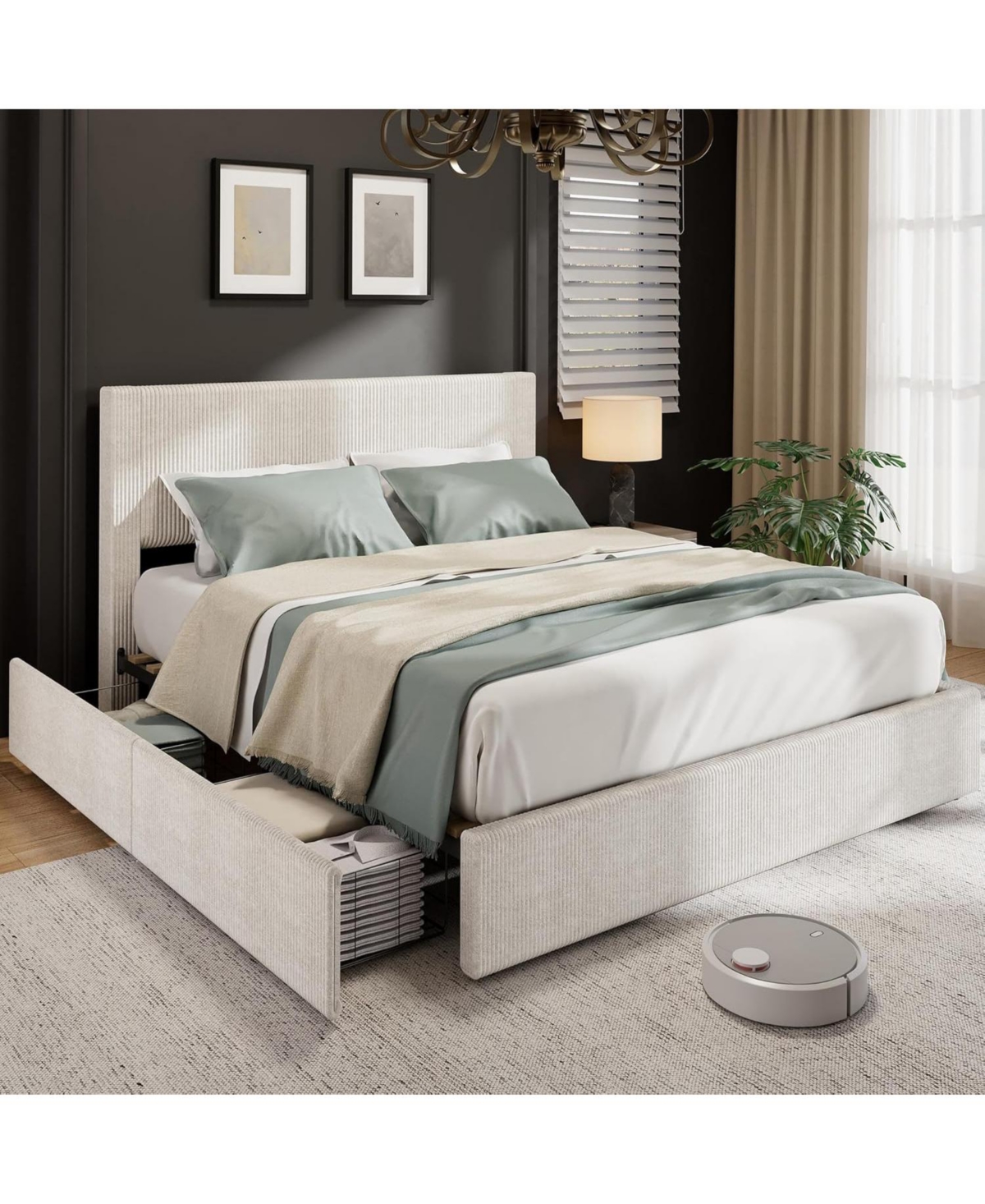 gaomon Platform Upholstered Corduroy Channel Tufted Headboard