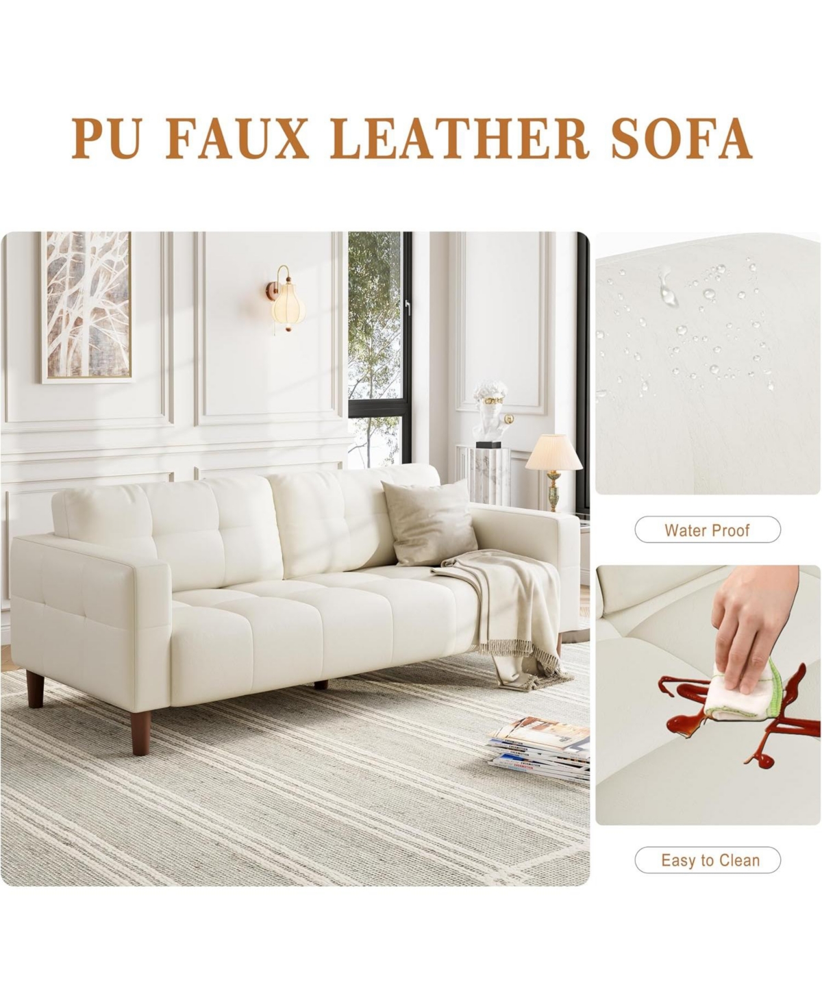 gaomon 3-Seater Sofa Couch, Wide Faux Leather Sofa Couch with Spring Cushion, Modern Sofa with Deep Seats and 2 Removable Back Cushions