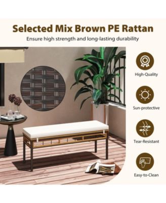 2Pcs Wicker Patio Bench/Acacia Wood Seat Removable Padded Cushion for Deck