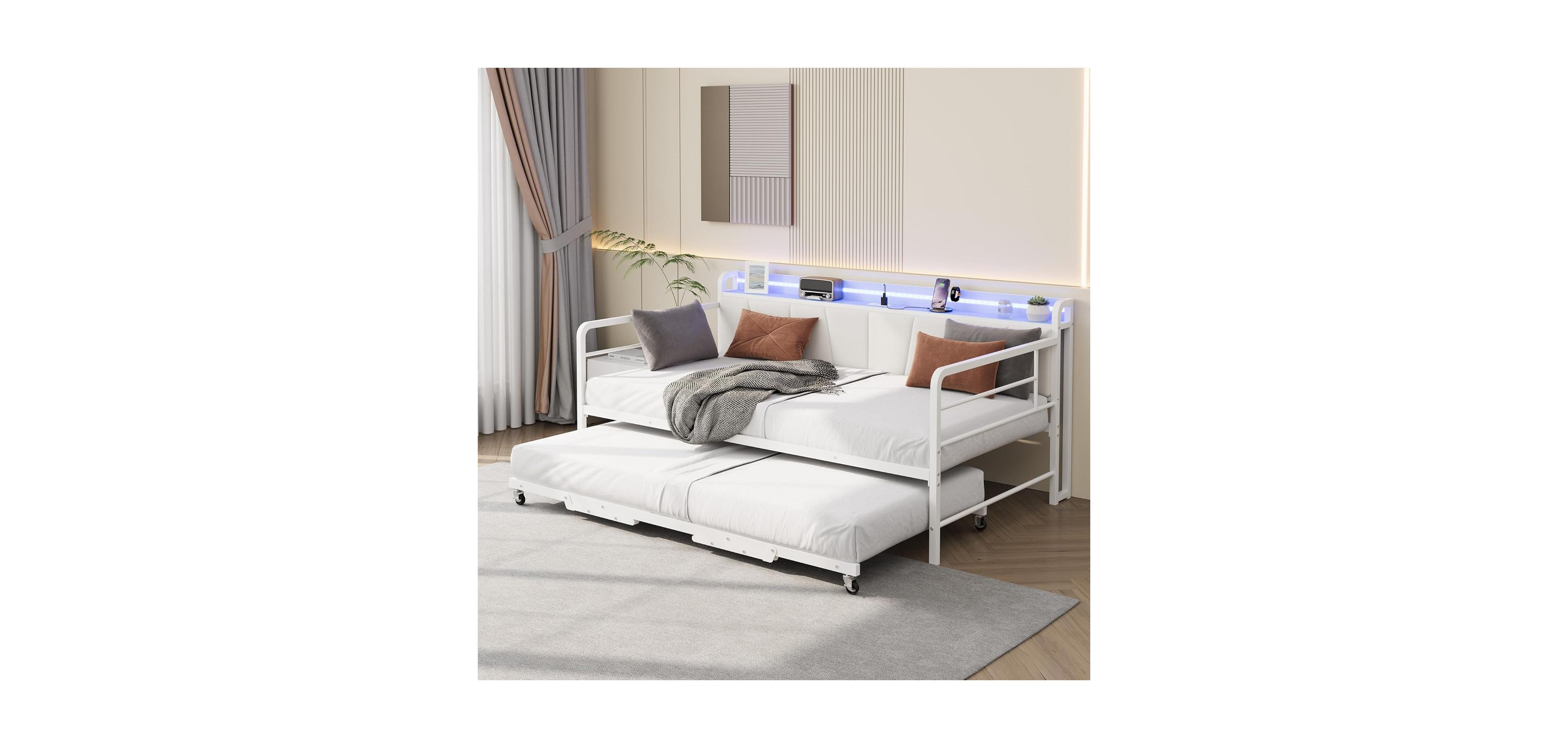 gaomon Twin Daybed with Trundle & Led Light, Metal Frame, Linen Headboard, Usb Charging for Guest Room