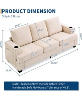 89-Inch Modern 3-Seater Sofa Couch with Cup Holders and Side Storage Pockets, Comfy Couches with Deep Seat for Living Room Apartment Lounge