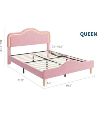 Queen Size Upholstered LED Bed Frame with Adjustable Headboard and Footboard, Velvet Princess Platform Bedframe for Kids/Girls, Easy Assembly