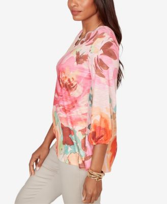 Petite Scalloped Neck Bold Floral Knit Top