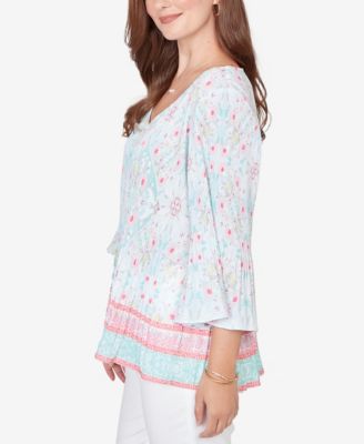 Petite Pleated Tapestry Print Bell Sleeve Top