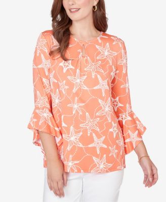 Petite Starfish Puff Print Flutter Sleeve Top