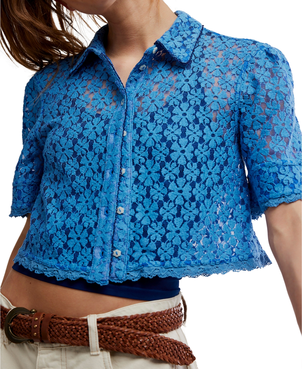 Free People Women's Mannie Lace Button Down Collared Top