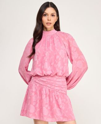 Juniors' Floral Pleated Mock Neck Dress