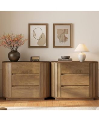 Large Nightstand Set of 2, Oversized Night Stand with 3 Drawers, Slatted Side Design Wood Nightstand, 35" Wide End Tables, Modern Dresser