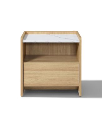 Hazel Oak Nightstand & End Table with Storage, Raised Sides, Faux Marble Top, Durable Manufactured Wood