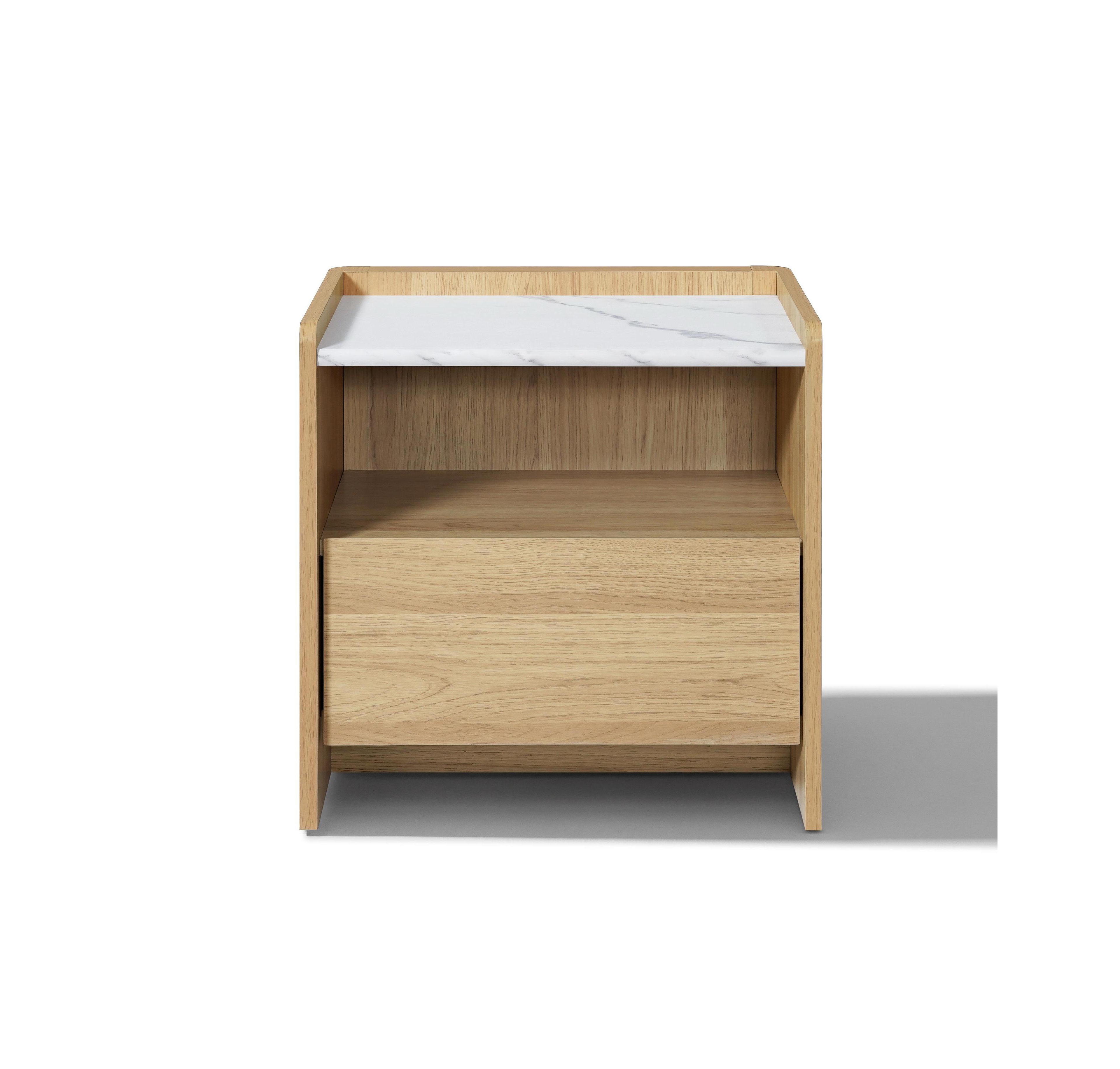 LuxenHome Hazel Oak Nightstand & End Table with Storage, Raised Sides, Faux Marble Top, Durable Manufactured Wood
