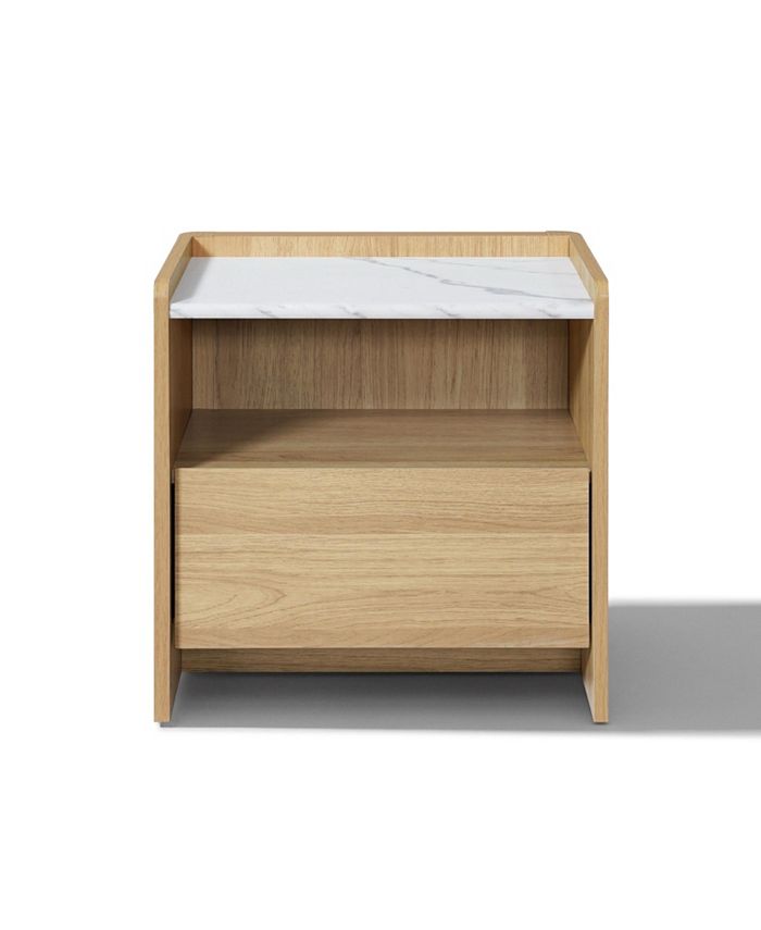 LuxenHome Hazel Oak Nightstand & End Table with Storage, Raised Sides, Faux Marble Top, Durable Manufactured Wood - Brown