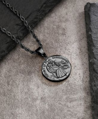 Men's Stainless Steel Black Plated St Christopher Coin Pendant