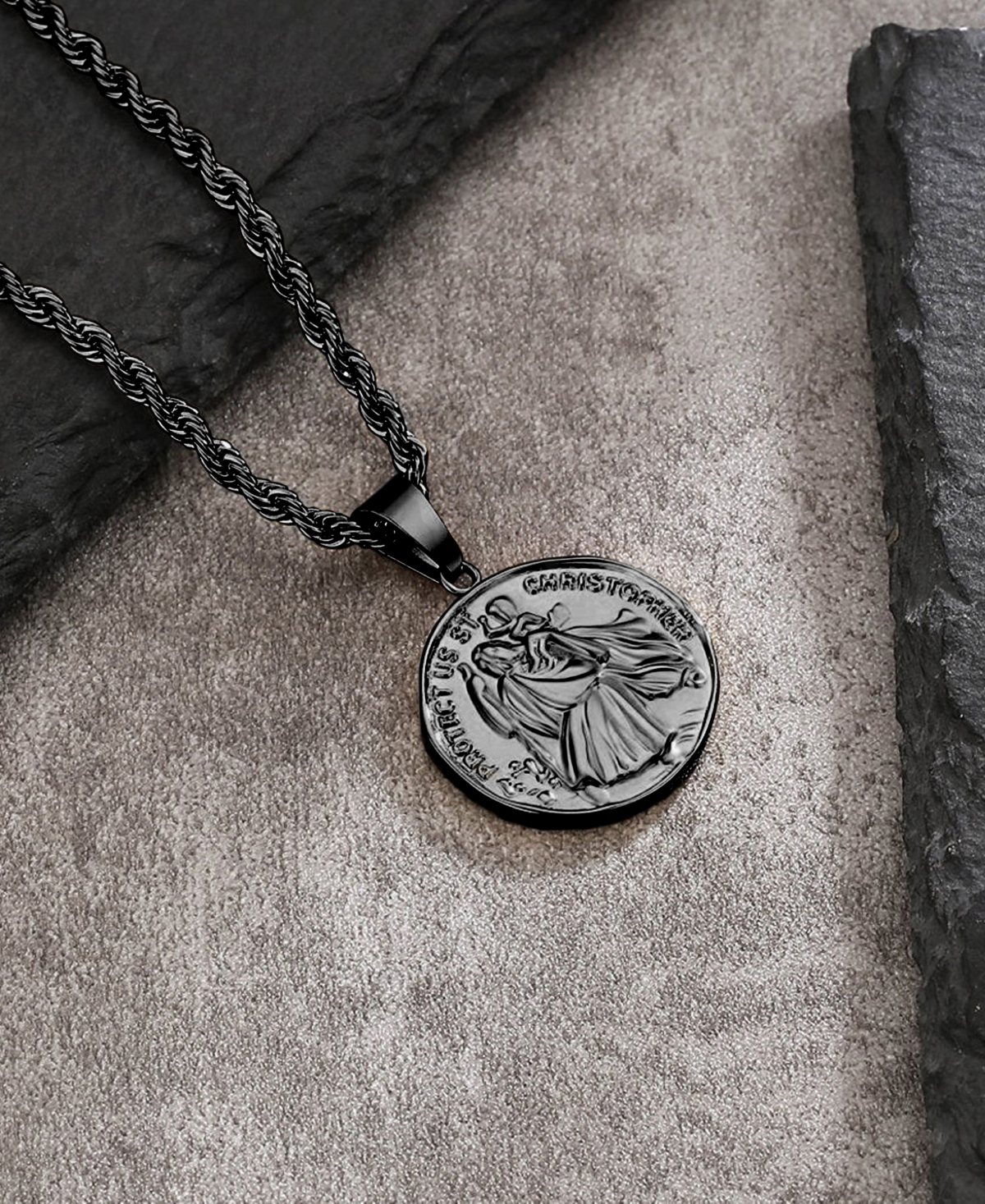 Rhona Sutton Men's Stainless Steel Black Plated St Christopher Coin Pendant