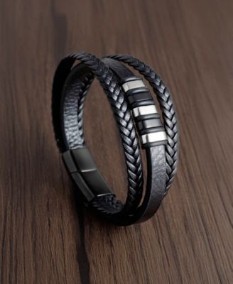 Men's Valente Cuff Leather Bracelet in Stainless Steel