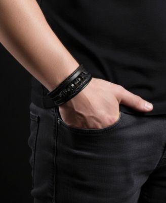 Men's Obsidian Skull Leather & Stainless Steel Bracelet