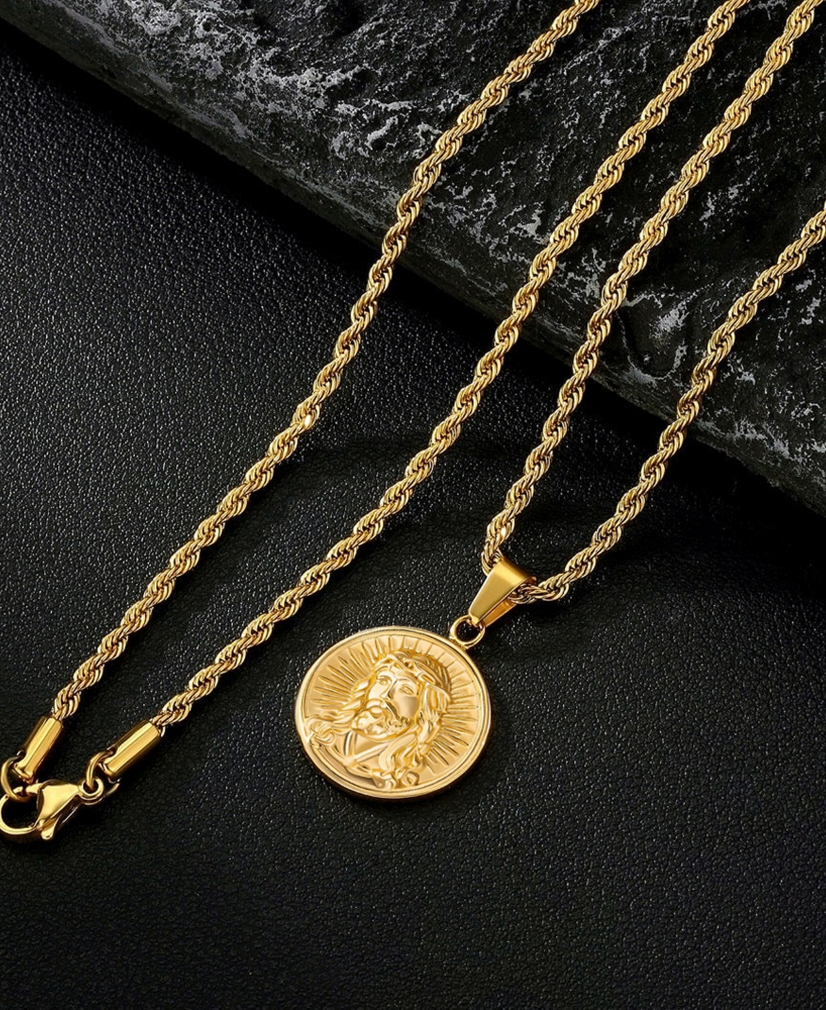 Rhona Sutton Men's Jesus Coin Pendant Necklace in 18k Gold Plated
